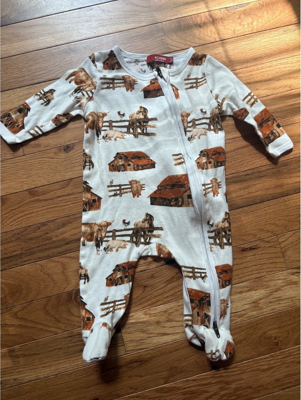 Milkbarn Organic Cotton Baby Footed Pajamas with Farm Animal and Barn Print, 0-3